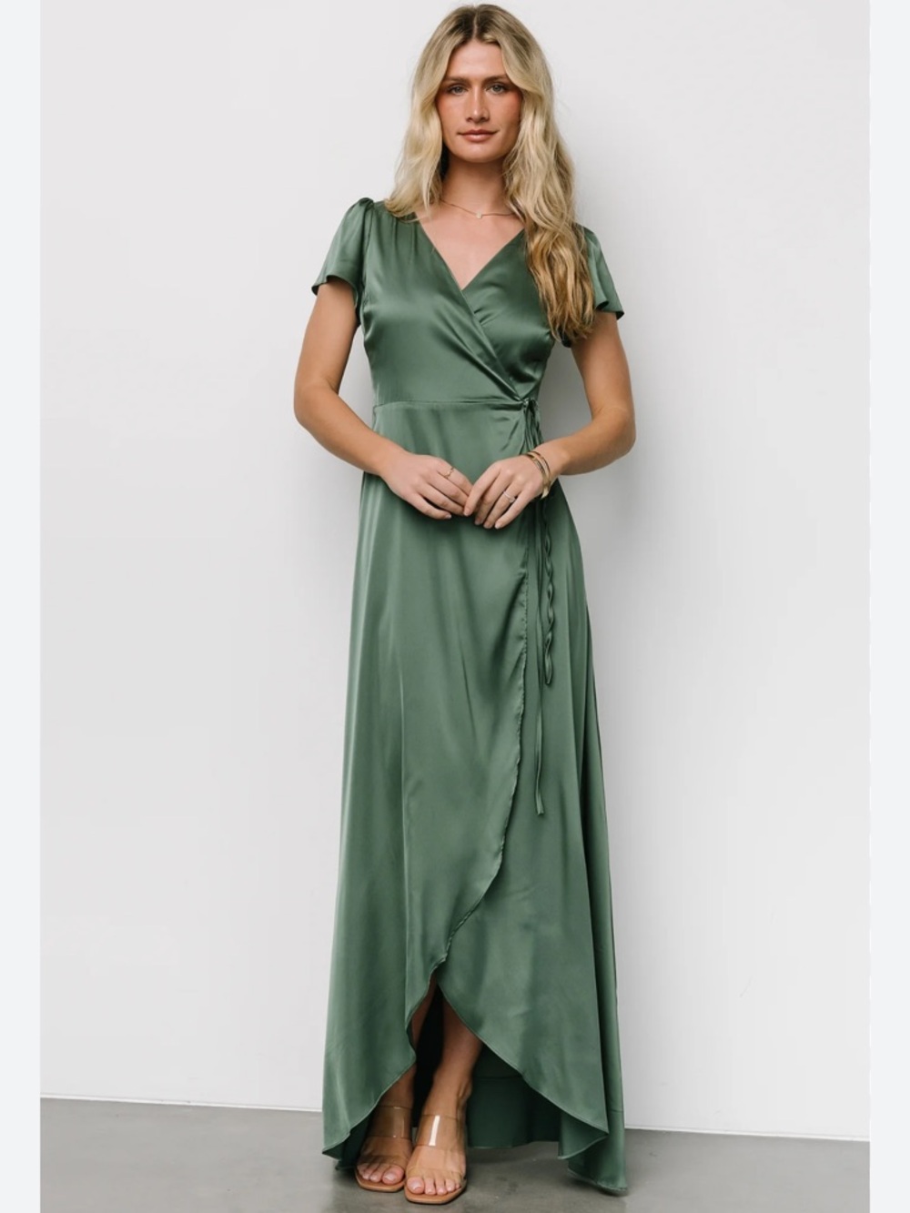 Baltic Born Olive Green Satin Wrap Maxi Dress